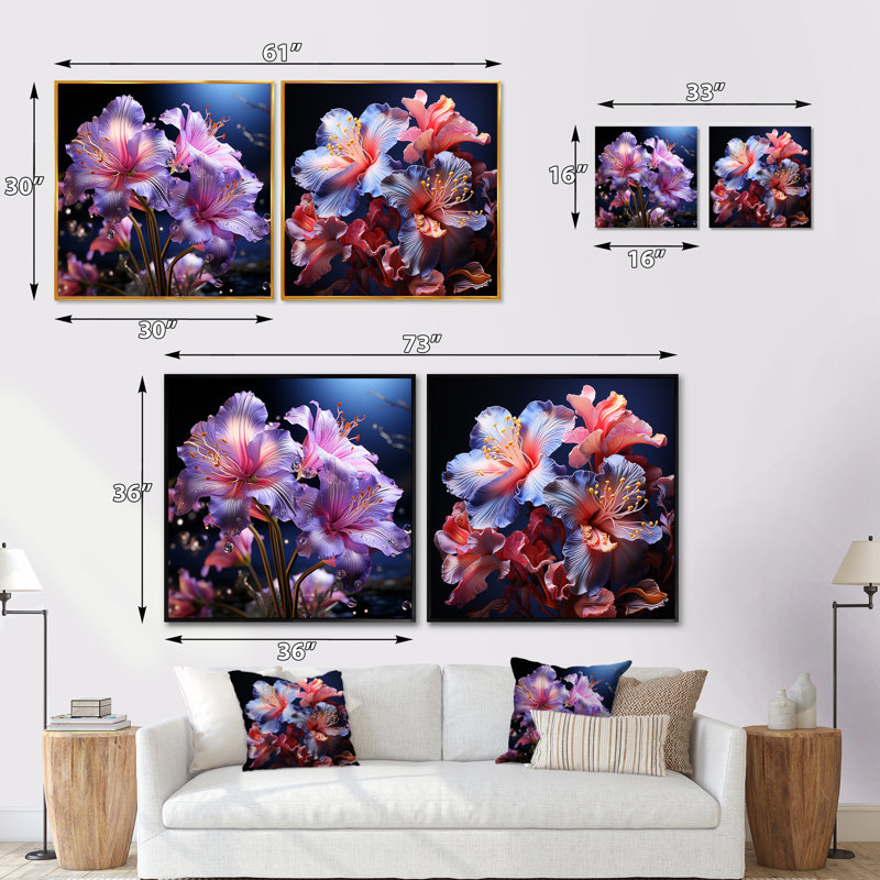 Rose et mauve, iris, nocturnal, chuchotements - ensemble de 2 collages carrés iris, Cadre flottant noir, H 16 po x l 33 po