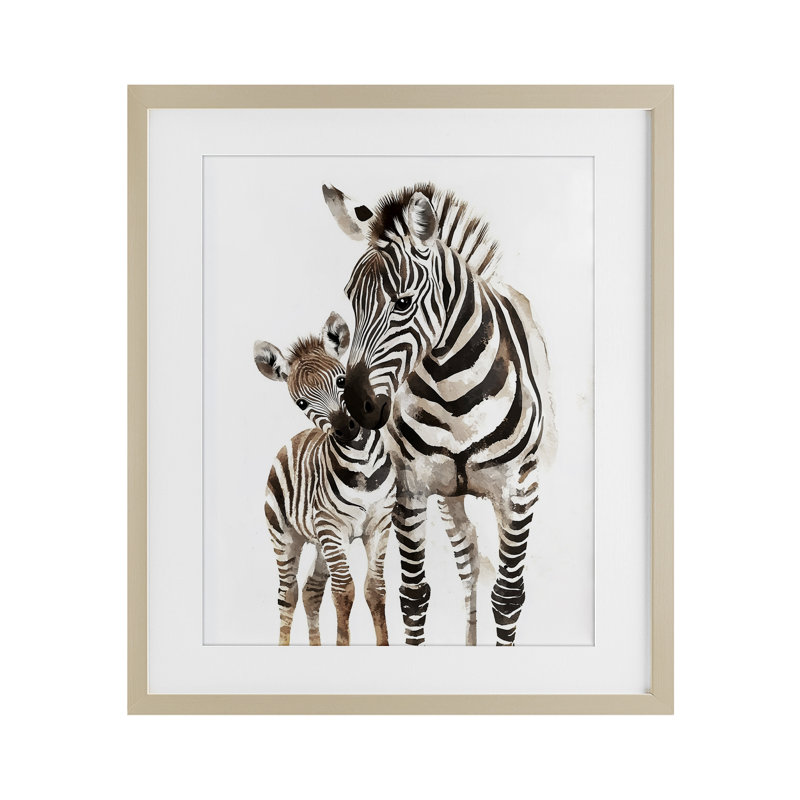 «Zebra Baby with Mother», reproduction encadrée sous verre, conception de Ramona Murdock, Cadre de récolte en pin
