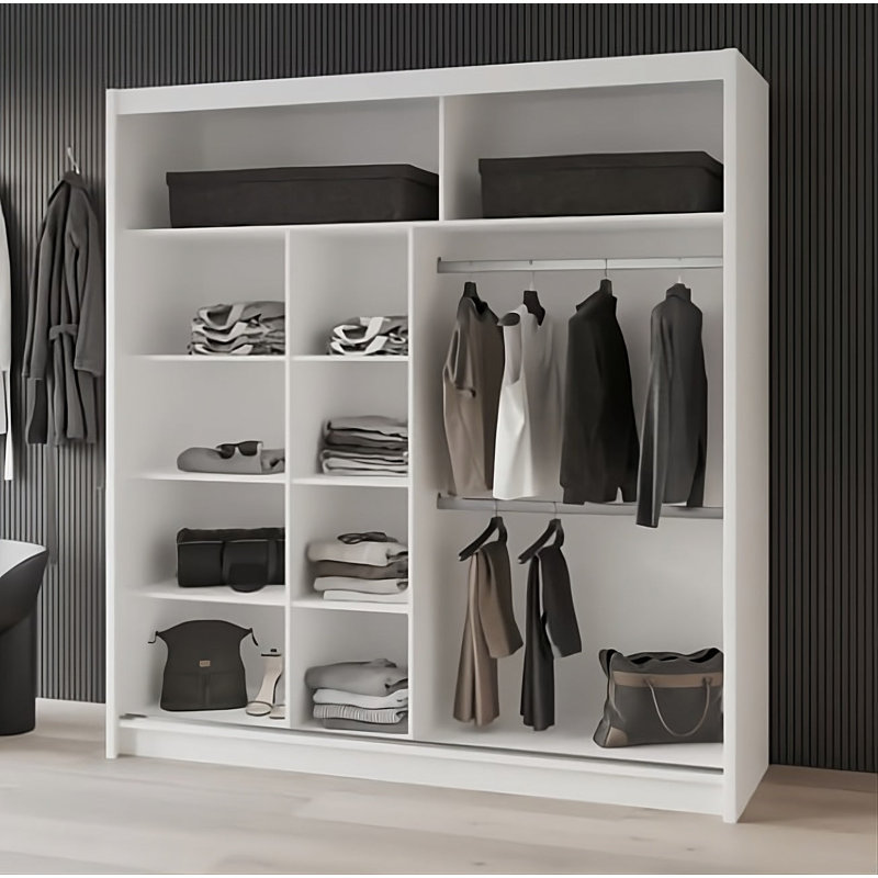 Sliding Door Wardrobe - Sleek Mirrored Storage with Versatile Setup, 215xm H x 203cm W x 61cm D, White/Black Gross