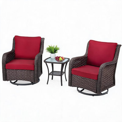 Ensemble bistro pivotant en osier toutes saisons pour l'extérieur - ensemble d'extérieur 3 pièces avec chaises berçantes rotatives à 360 °, coussins de haute qualité et table d'appoint en verre trempé - Mobilier en rotin pour la cour arrière