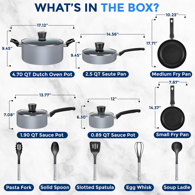 Ensemble de batterie de cuisine 15 pièces Serenelife - Pots et casseroles antiadhésifs, laque résistante à la chaleur, couvercles en verre trempé, poignées en bakélite italienne, va au lave-vaisselle, comprend les ustensiles