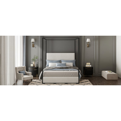 Modern Luxury Metal Canopy Bed With Tall Corduroy Upholstered Headboard