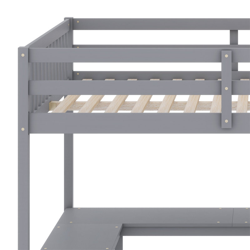 Loft Bed With Built-In L-Shaped Desk And Three-Tier Storage Shelves,And Attached Storage Staircase, Gray