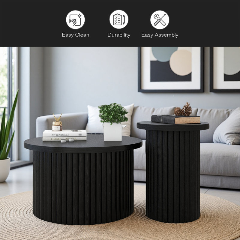 Ensemble de 2 tables basses, tables basses rondes, tables d'appoint modernes pour salon, appartement, Noir