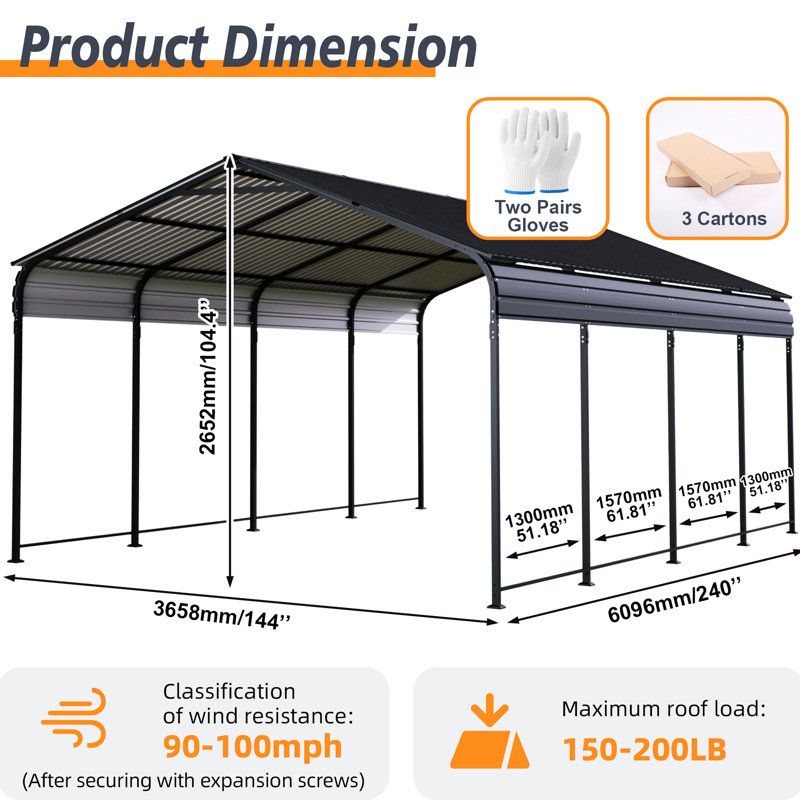 Abri d'auto tout en métal 12 x 20 pi avec toit de tuiles verticales, bon drainage pour bateaux et salons extérieurs