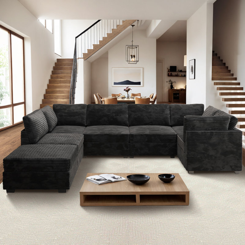 Cloudelle 7-piece Modular Sectional, U Shaped Minimalist Couches With Sofa Bed Chaise, Modern Deep Seat Cloud Plush Corduroy Sofa Set For Living Room