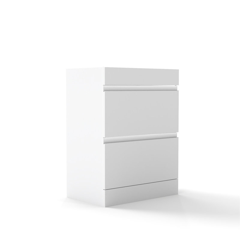 Meuble-lavabo autoportant à 2 tiroirs, armoire de salle de bain à 2 tiroirs 24 po, système de fermeture en douceur, conception sans poignée, blanc brillant seulement
