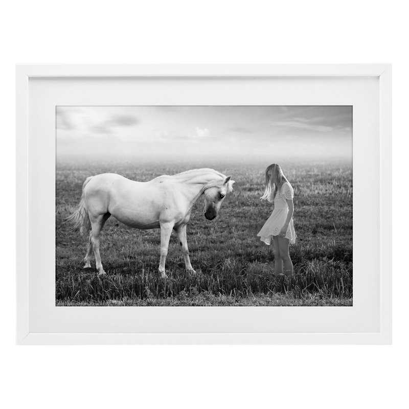 Son cheval blanc, reproduction sous verre, Ata Alishahi, H 17 po x l 23 po, Cadre blanc côtier