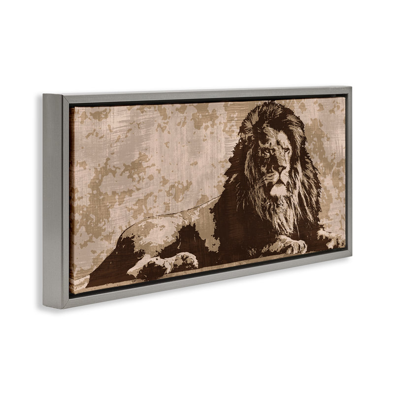 «Rustic Impression Lion», art mural encadré par Andrew Cooper, H 14 po x l 31 po, Cadre flottant gris lustré