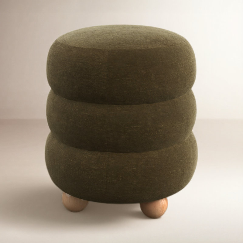 Dalisha 17" Velvet Round Ottoman, Natural, Dark Olive Green