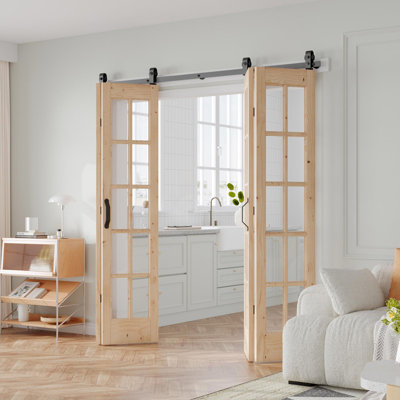 Glass and Solid Wood Bi-Fold Door with Installation Hardware Kit