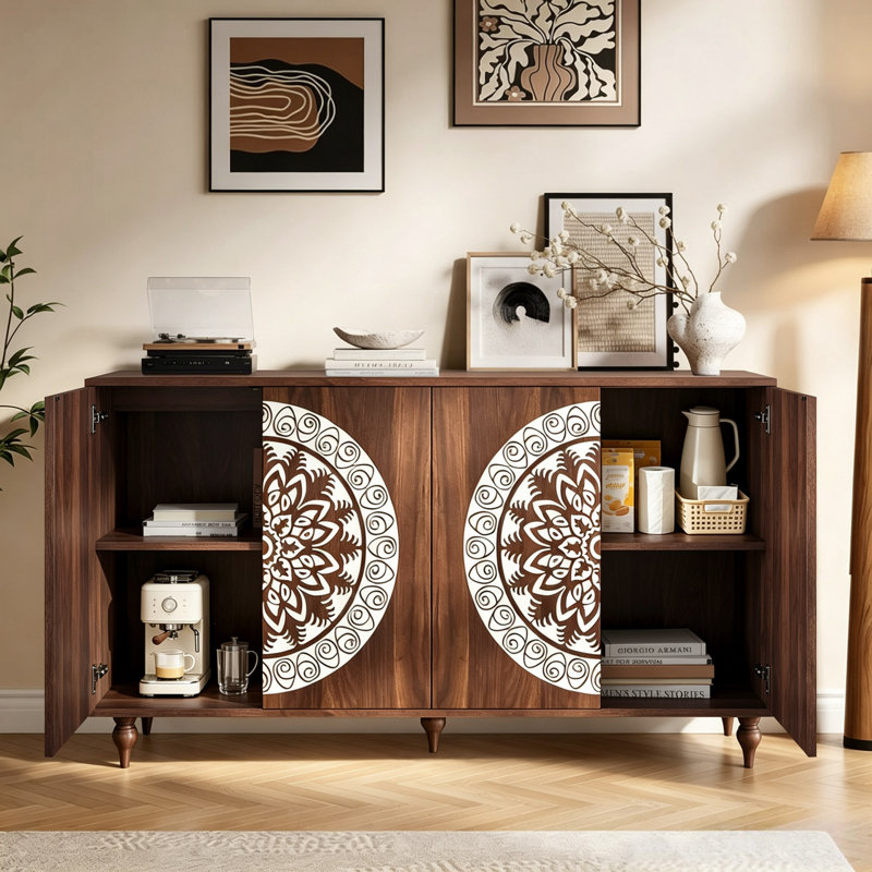 Buffet 59,84 "à 4 portes de style campagnard sculpté, crédence Boho avec tablettes réglables et pieds en bois pour le salon, l'entrée et la salle à manger