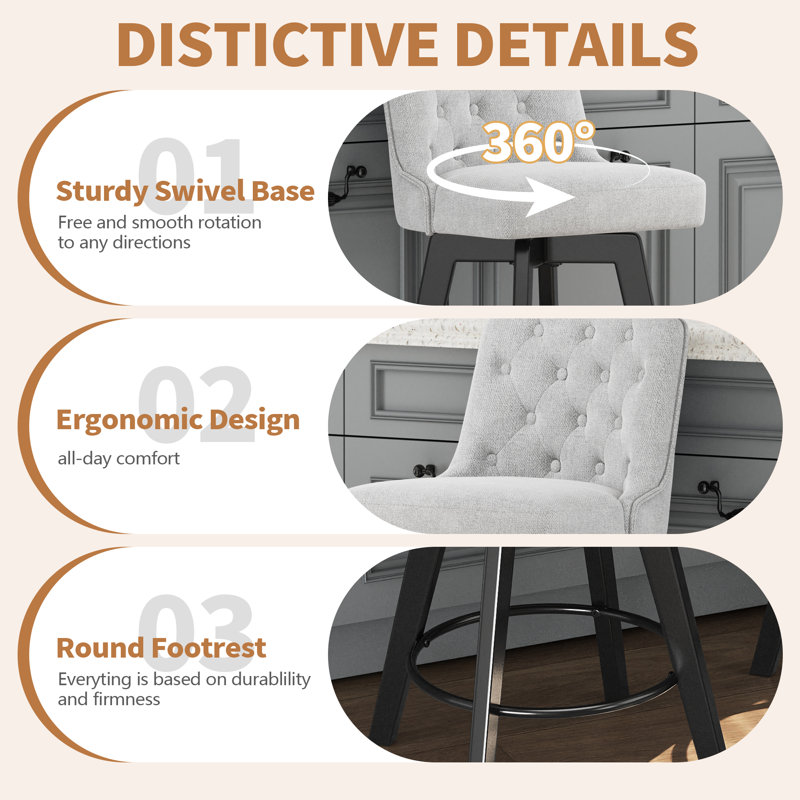 Minceta Swivel Bar Stools Set Of 2, 30 Inch Counter Height Upholstered Barstools With Low Tufted Back & Footrest, Performance Fabric For Kitchen Island Home Bar Greige