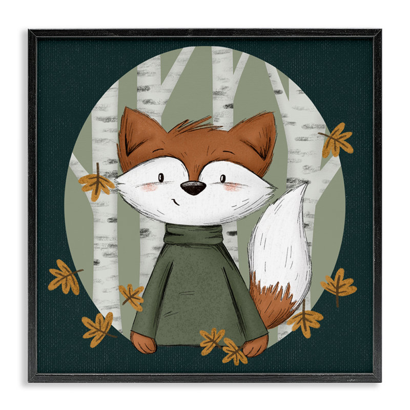 Autumnal Fox & Birch Trees Framed Giclee, design by Sarah Hickman, 17" H x 17" W, Midnight Black Framed Giclee