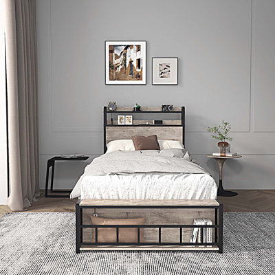 Twin Bed Frames With Headboard and Charging Station & LED Light