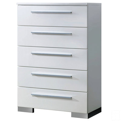 Commode 1 pièce cinq tiroirs à queue d'aronde anglaise de style contemporain avec poignée et pieds chromés, roulement à billes en métal, revêtement ultrabrillant