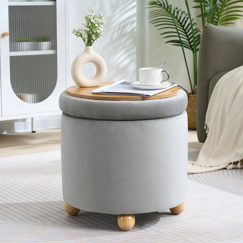 Upholstered Round Storage Ottoman, Tufted Velvet Ottoman, Footrest Stool with Tray, Gray