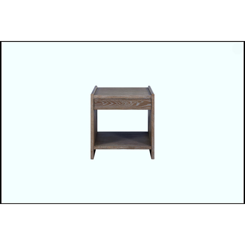 Table de bout avec tiroir à fermeture en douceur et tablette ouverte au fini cacao chaud, parfaite pour un décor moderne et rustique.