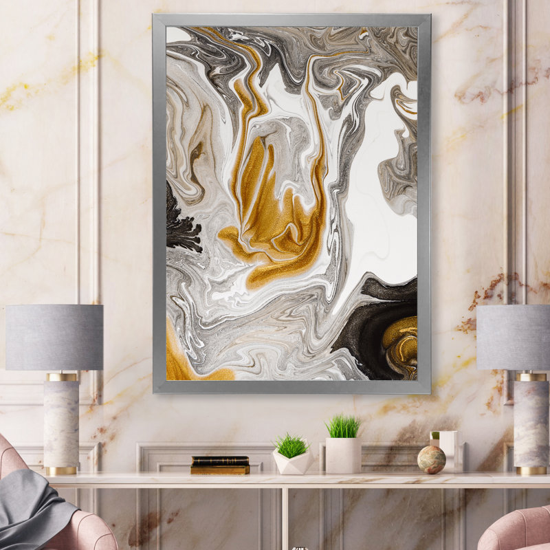 Vague de marbre doré et noir V - peinture sur toile, H 20 po x l 12 po x P 1 po, Cadre photo argenté
