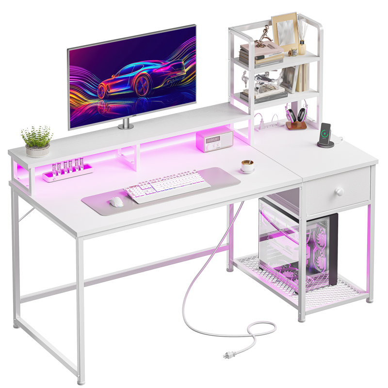 White Desk With LED Lights And Monitor Shelf,Computer Desk With 2 Open Storage Shelves, Corner Desk With Drawer And Power Outlets For Small Home Office