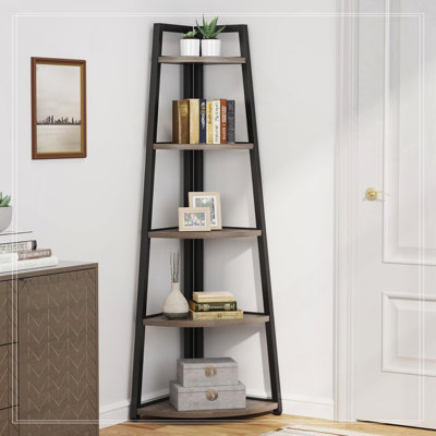 70.07" Tall Corner Shelf, 5 Tier Rustic White Corner Bookshelf Bookcase Industrial Corner Ladder Shelf