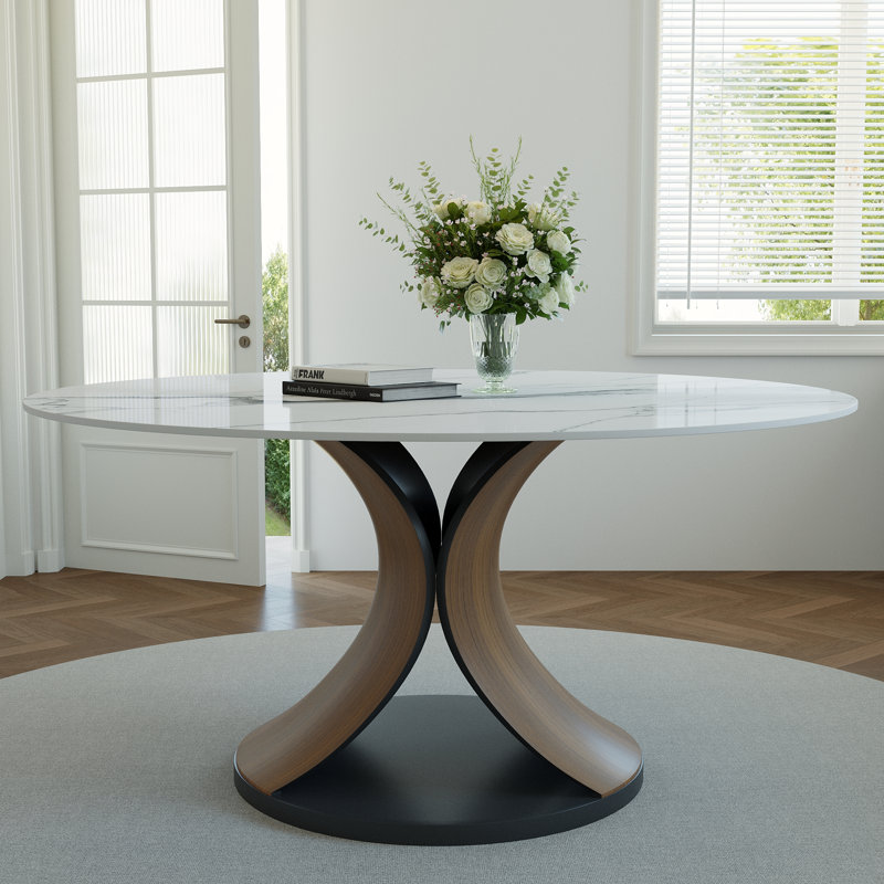 Table de salle à manger ronde en noyer pour 2 à 10 personnes, Blanc neigeux, 29.53"H x 47.24"L x 47.24"W