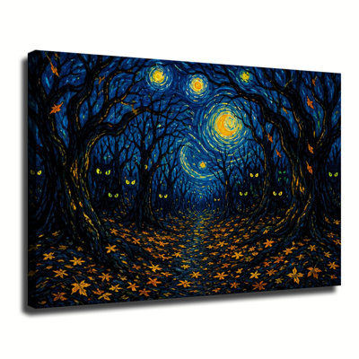 Spooky Dark Autumn Forest With Glowing Cat Eyes Starry Night Halloween Canvas Wall Art
