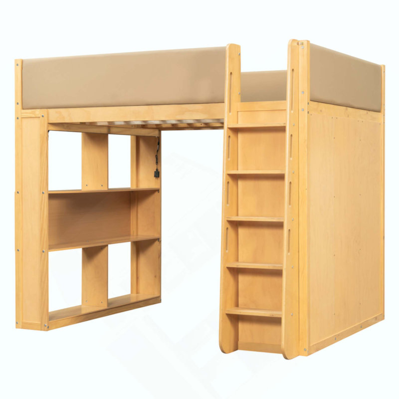 Lit mezzanine en bois massif avec barrières de sécurité entièrement recouvertes de cuir PU, lit surélevé avec armoire intégrée, tiroirs, étagères à plusieurs niveaux et éclairage DEL d'ambiance.