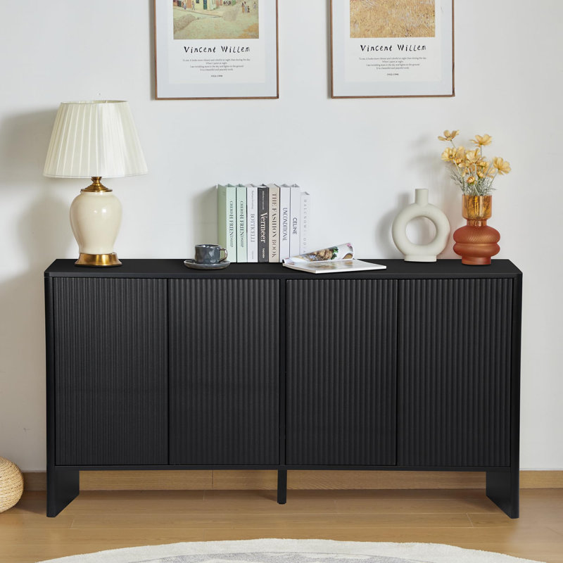 Armoire de rangement moderne avec 4 portes cannelées et tablettes réglables, Noir