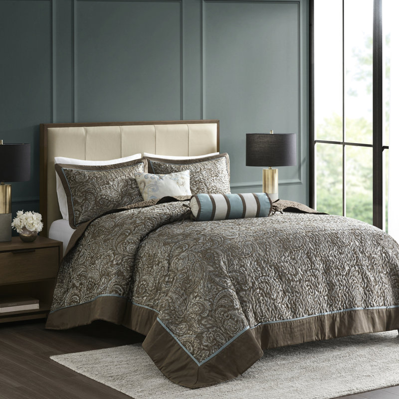 Couvre-lit pour très grand lit avec broderie sur coussins décoratifs, fausse soie bleue / brune 5 pièces, Bleu/brun