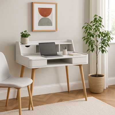 Parmley Modern Wooden Writing Compact Home Office or Study Desk with Hutch, Drawers, and Open Storage