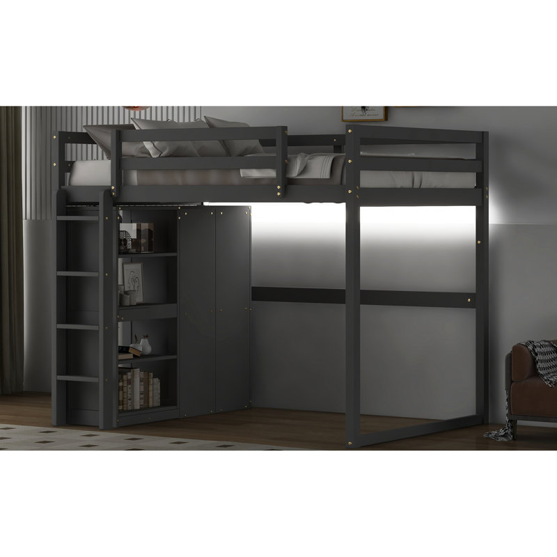 Full Loft Bed With Built-In Wardrobe, Led , Gray Wooden Shelves Wood Storage Shelves, Reading