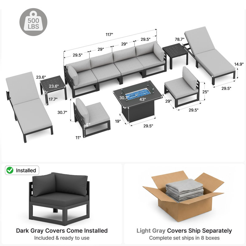 Ensemble modulaire d'extérieur en aluminium pour 8 personnes avec méridienne et coussins Glenita, Gris clair