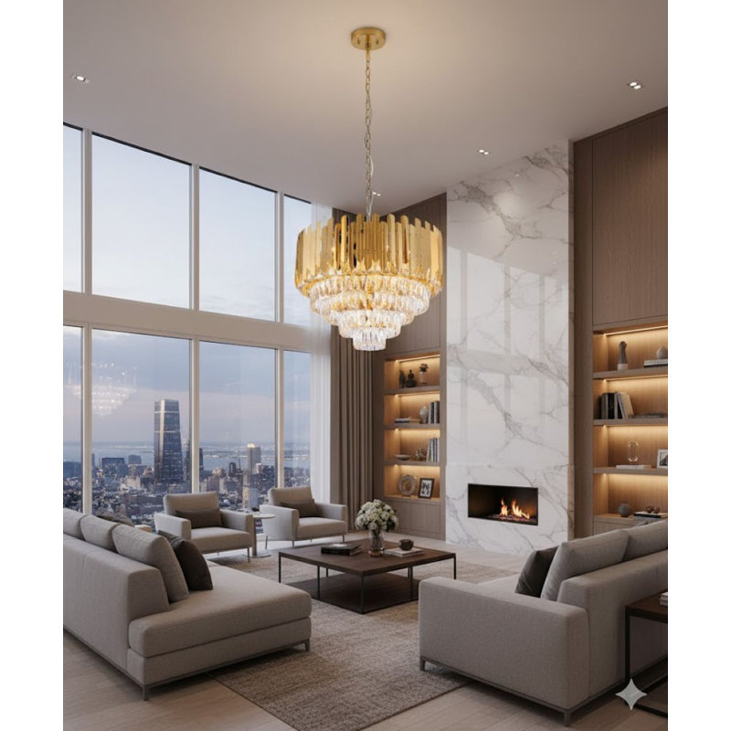 15-Light Gold Stainless Steel Chandelier With Clear Crystals