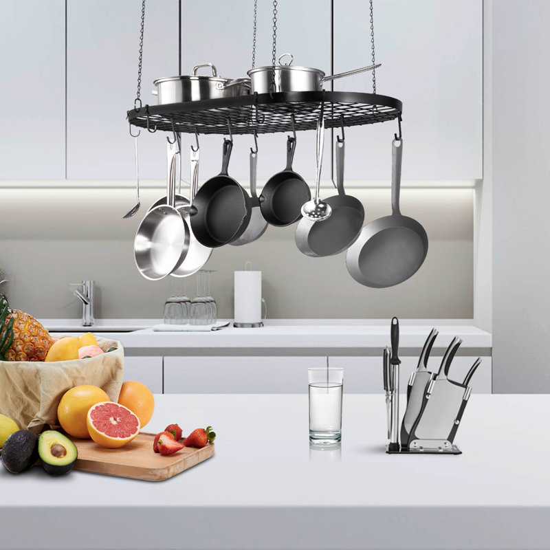 Black Carbon Steel Ceiling Mounted Pot Rack with 12 Hooks
