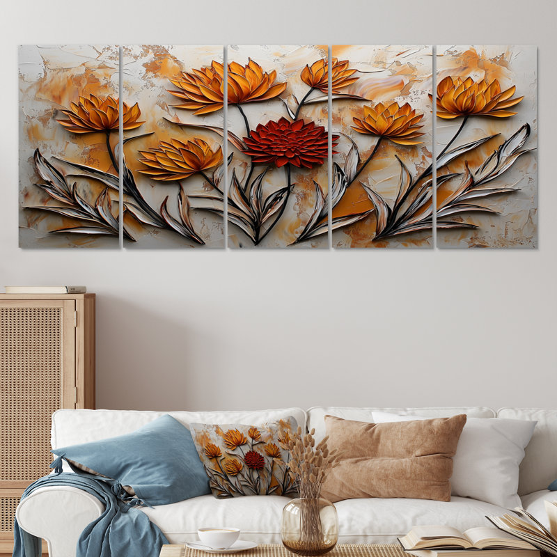Coucher de soleil chardon, harmonie II - ensemble de 5 pièces d'art mural traditionnel, H 32 po x l 80 po