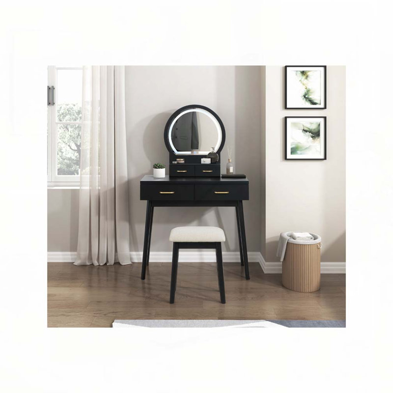 Beautiful Black Finish Vanity Dresser with Mirror and Stool Set Storage Drawers Luxury Furniture 1pc LED Mirror, Black