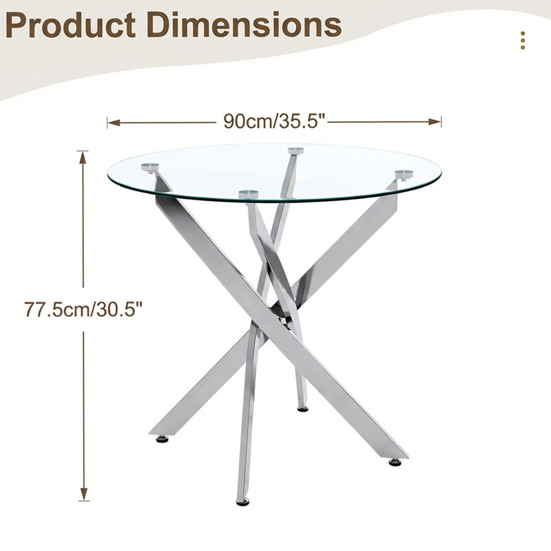 Table de salle à manger ronde, table de salle à manger en verre de 35,5 po avec pieds argentés, table de cuisine moderne pour la maison, salle à manger