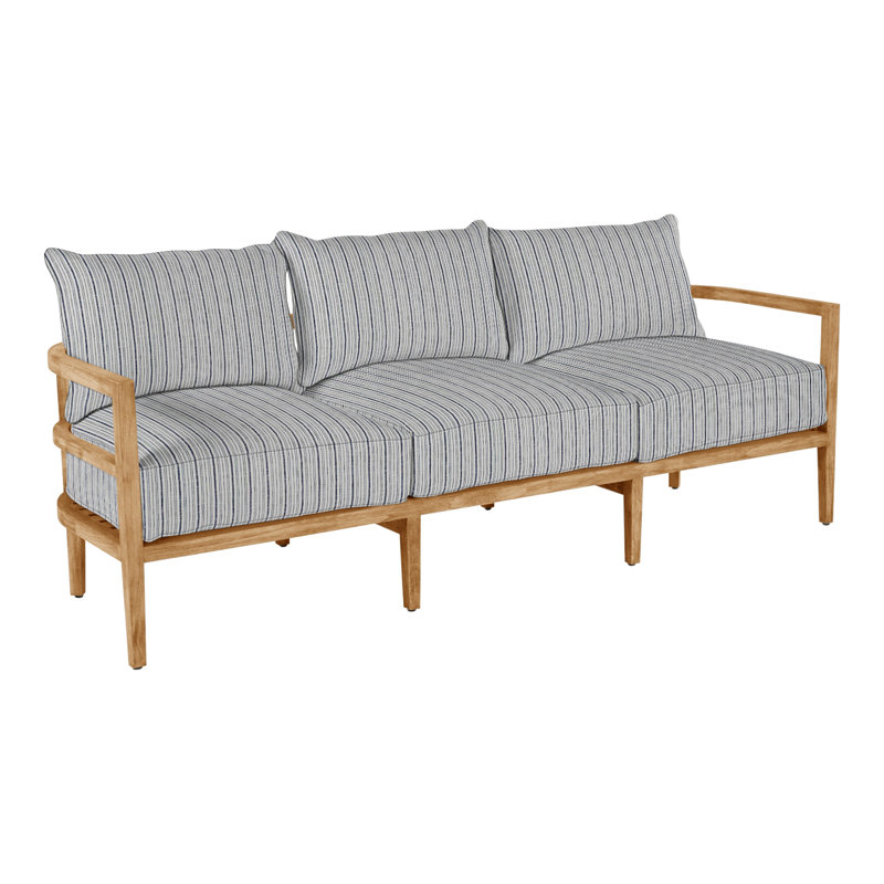Santa Barbara 87" Wide Outdoor Teak Patio Sofa with Cushions, No Welt, Herringbone Sand, Natural Teak