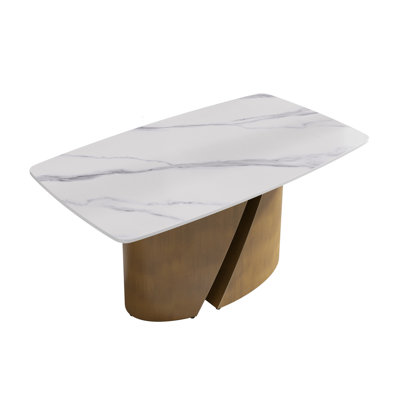 Table de salle à manger de 63 po avec surface en pierre frittée blanche et pieds robustes en fer bronze - 6 à 8 personnes assises confortablement pour 6 à 8 personnes