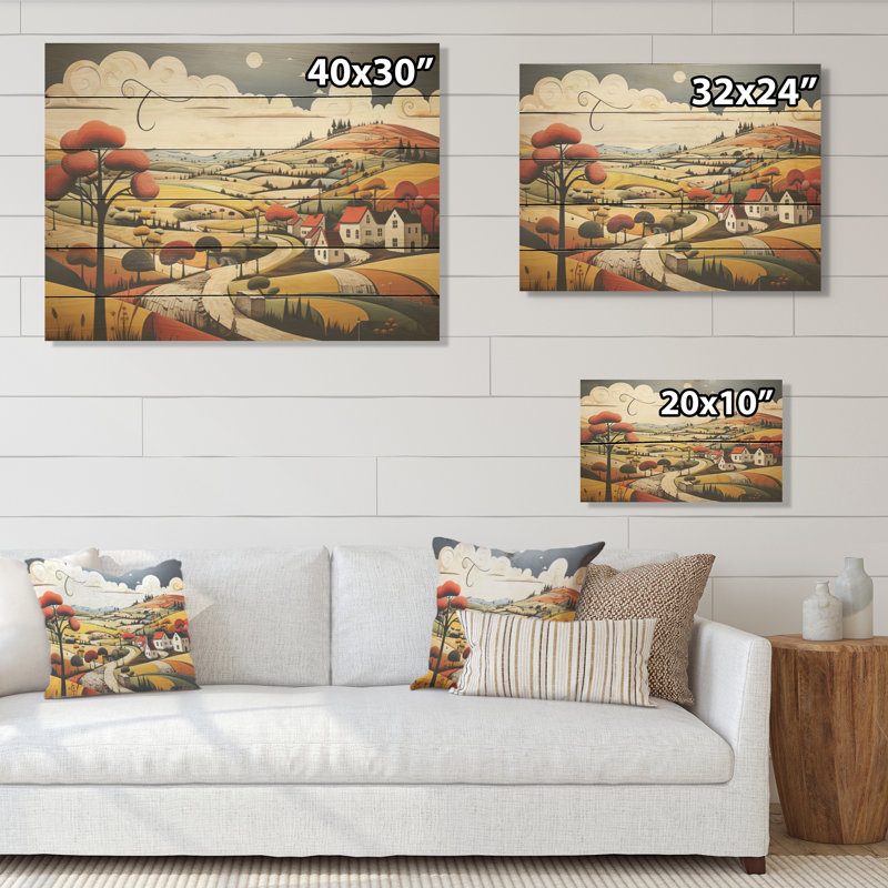 Paysage champêtre de Stijl Lansdcape - campagne, art mural sur bois de pin naturel, H 30 po x l 40 po