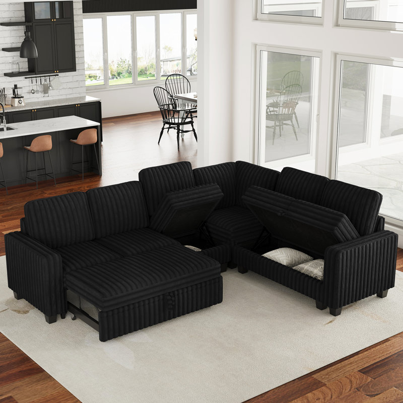 Soft Plush Upholstery Storage Couch Sofa Bed Convertible Modular Sectional Sofa, Black Faux Fur