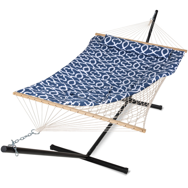 Hamac de bar avec support en corde de coton matelassée double Mejias, Motif géométrique bleu foncé