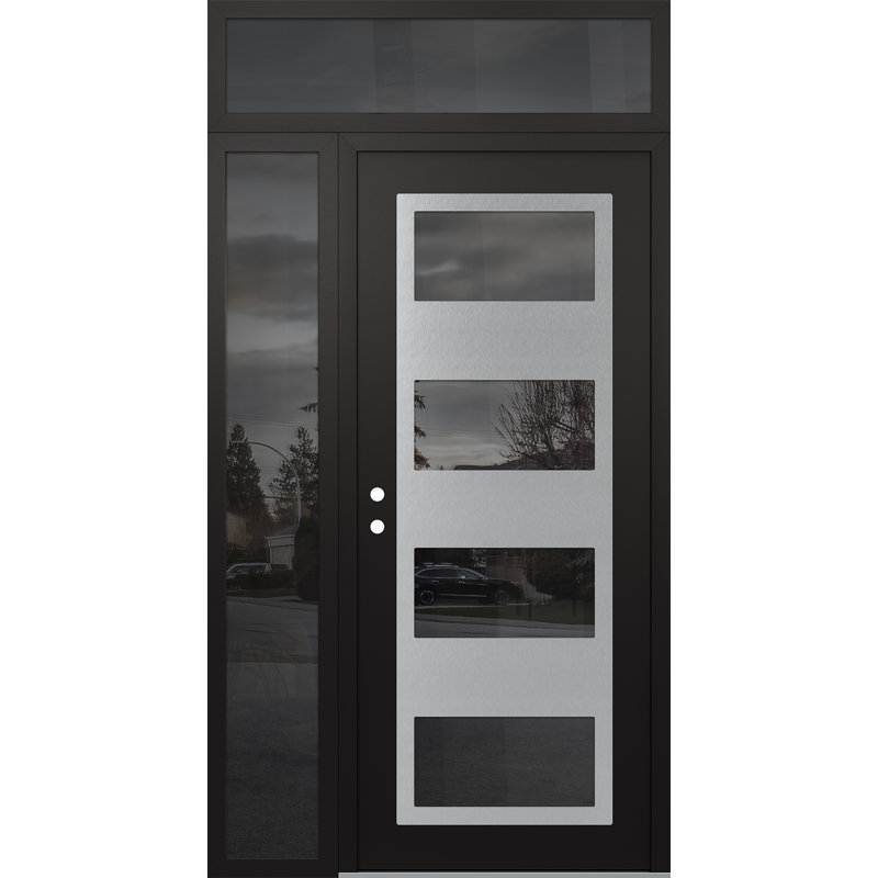 Panneau d'entrée en acier argenté noir / noir avec porte latérale avant et traverse, H 95,69 po x l 49,25 po, Oui, Miroitant