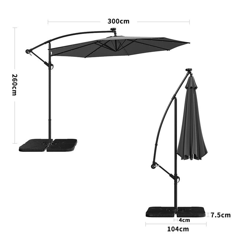 Arlo 3m Cantilever Parasol with LED Light, Dark Grey
