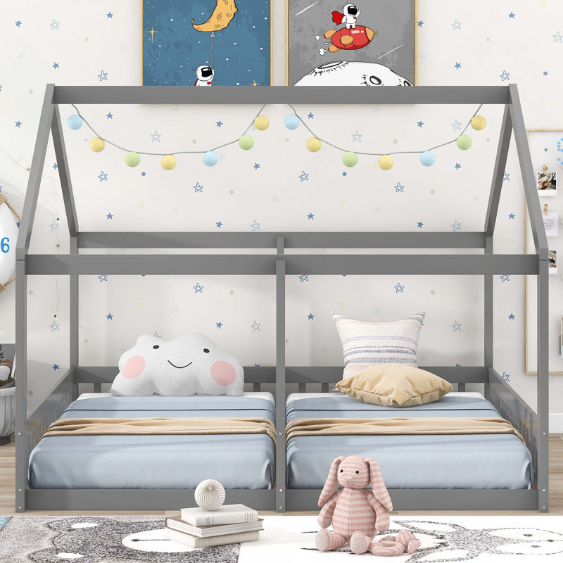 Lit plateforme simple, deux lits partagés, gris