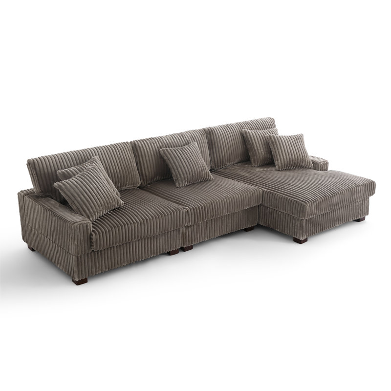 3 - Piece Upholstered Light Brown Faux Rabbit Fur Flannel Modular Sectional Sofa with Armrests & Throw Pillows