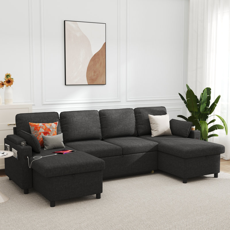 U-shape 2-in-1 Sleeper Sofa Pull-Out Couch with USB Charging, Gray Linen Blend