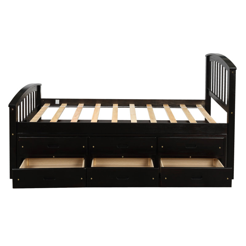 Lit plateforme simple avec rangement et lit en bois massif avec mobilier de chambre à 6 tiroirs, Espresso