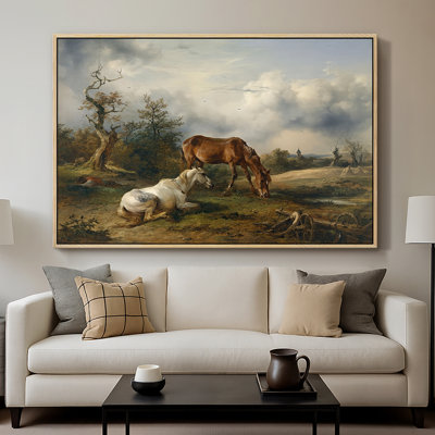 Deux chevaux dans les pâturages, v. 1825 - Peinture sur toile tendue avec châssis encadrée, Gauermann, 1825